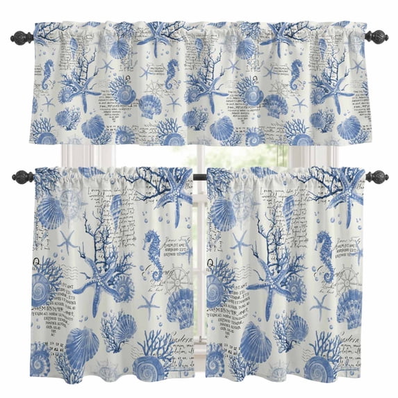 Blue Coastal Kitchen Curtains Valances and Tiers Set of 3 Starfish Shell Coral Seahorse Tier Curtains and Valance with Rod Pocket for Small Windows, 27.5"x24"