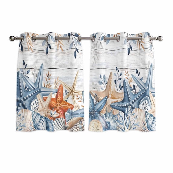 Blue Coastal Kitchen Curtains Window Panels, Summer Beach Starfish Weeping Eucalyptus Wooden Insulated Window Treatment Curtain, Grommet Curtains for Bedroom/Living Room/Bathroom, 2 Piece 52"Wx45"L