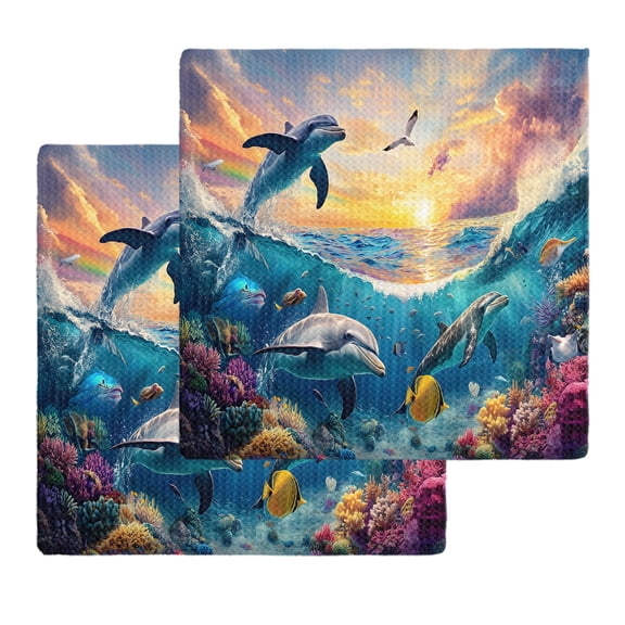 Blue Coastal Kitchen Dish Towels for Drying Dishes Set of 2, Dolphin Summer Beach Nautical Ocean Waffle Weave Microfiber Hand Tea Bathroom Towels Quick Dry & Absorbent Towel 12x12