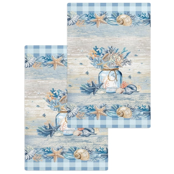 Blue Coastal Kitchen Dish Towels for Drying Dishes Set of 2, Summer Beach Coral Starfish Shell Vintage Waffle Weave Microfiber Hand Tea Bathroom Towels Quick Dry & Absorbent Towel 15.7x23.6