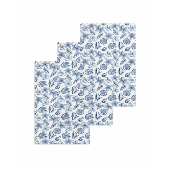Blue Coastal Kitchen Dish Towels for Drying Dishes Set of 3, Shell Floral Ocean Retro Waffle Weave Microfiber Terry Hand Tea Bathroom Towels Quick Dry & Absorbent Towel 15.7x23.6