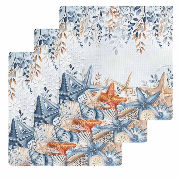 Blue Coastal Kitchen Dish Towels for Drying Dishes Set of 3, Summer Beach Starfish Weeping Eucalyptus Ombre Waffle Weave Microfiber Hand Tea Bathroom Towels Quick Dry & Absorbent Towel 12x12