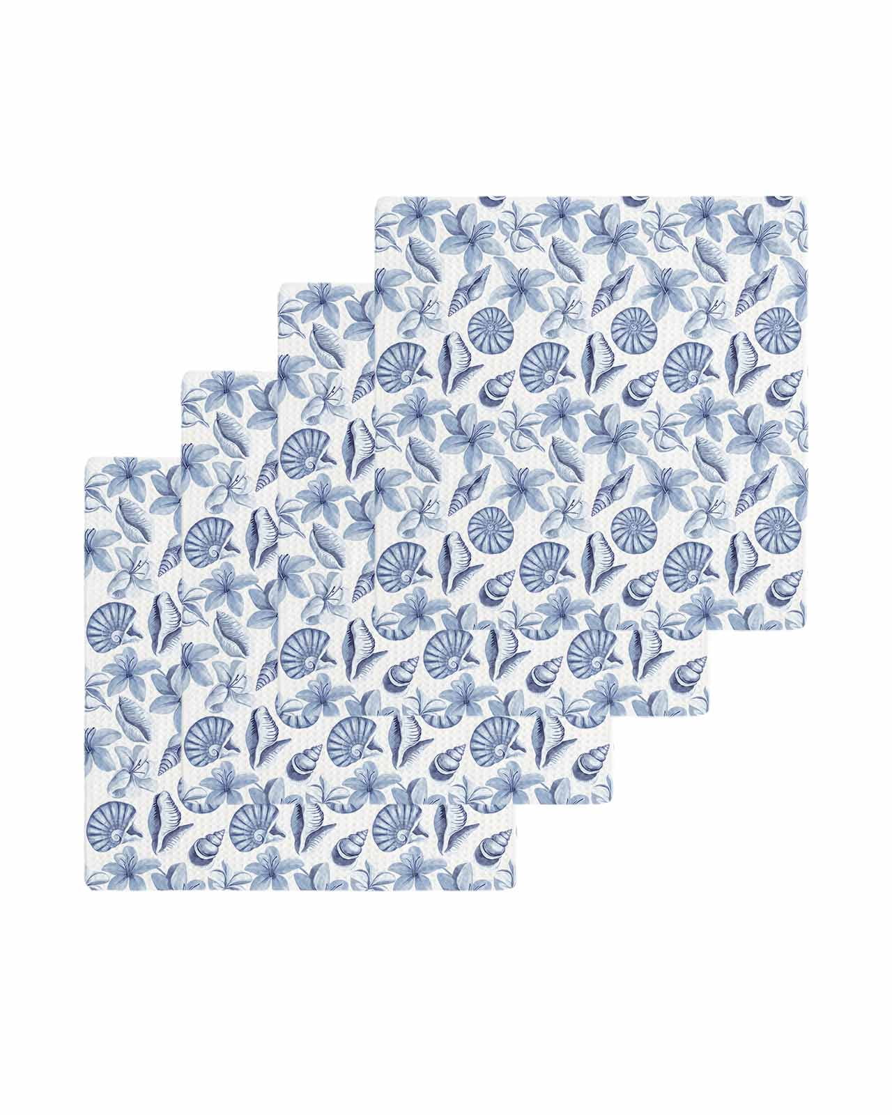 Blue Coastal Kitchen Dish Towels for Drying Dishes Set of 4, Shell Floral Ocean Retro Waffle Weave Microfiber Terry Hand Tea Bathroom Towels Quick Dry & Absorbent Towel 12x12