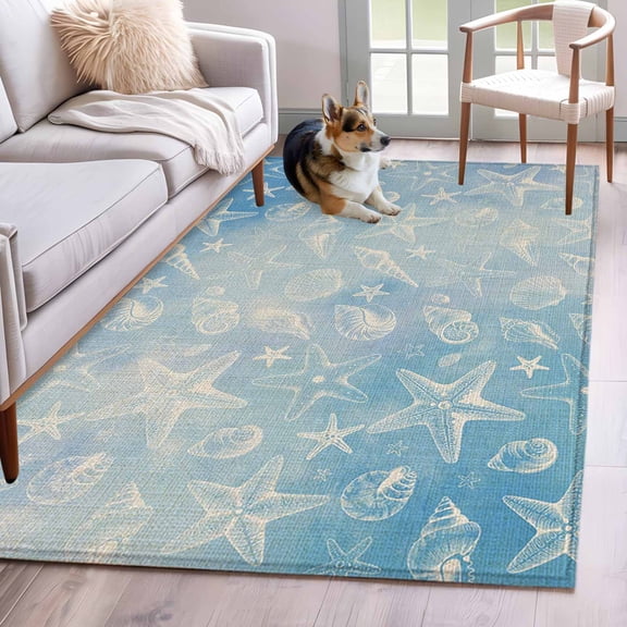 Blue Coastal Kitchen Runner Rug 2.7x5 Washable Runners for Hallway Non Slip Summer Ocean Starfish Conch Seashells Large Area Rug Indoor Floor Carpet for Bathroom Laundry Entryway Bedroom Living Room