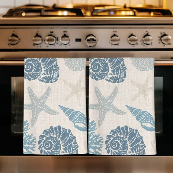 Blue Coastal Kitchen Towels Set of 1, Shell Starfish Coral Nautical Summer Beach Rustic Absorbent Dish Towels for Kitchen, Microfiber Hand Towel, Quick Drying Tea Towel for Cleaning Dishcloths