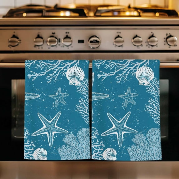 Blue Coastal Kitchen Towels Set of 1, Starfish Coral Summer Beach Ocean Absorbent Dish Towels for Kitchen, Microfiber Hand Towel, Quick Drying Tea Towel for Cleaning Decorative Dishcloths