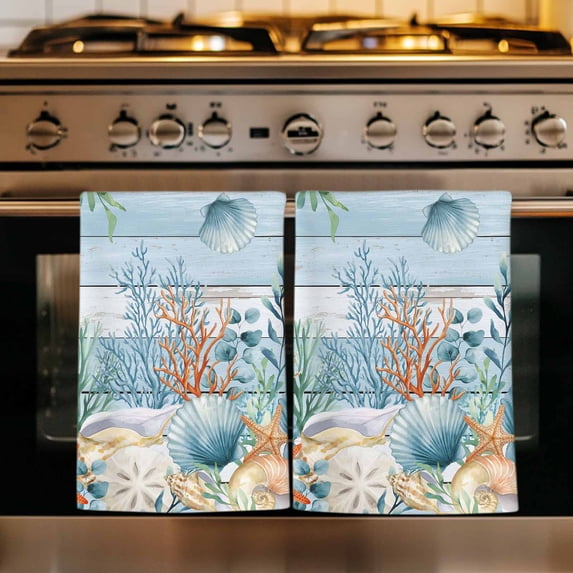 Blue Coastal Kitchen Towels Set of 1, Summer Beach Starfish Shell Coral Nautical Absorbent Dish Towels for Kitchen, Microfiber Hand Towel, Quick Drying Tea Towel for Cleaning Decorative Dishcloths