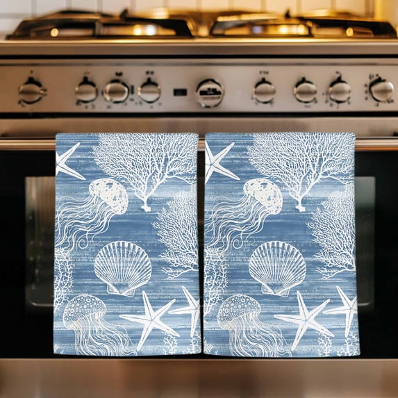 Blue Coastal Kitchen Towels Set of 2, Nautical Starfish Coral Jellyfish Shell Sea Absorbent Dish Towels for Kitchen, Microfiber Hand Towel, Quick Drying Tea Towel for Cleaning Decorative Dishcloths