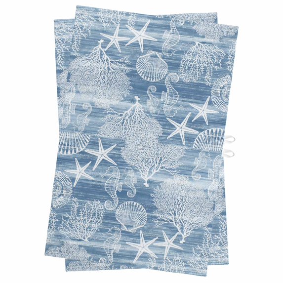 Blue Coastal Kitchen Towels Set of 2, Water Absorbent Dish Towel, Nautical Coral Starfish Shell Seahorse Ocean Decorative Hand Towels - Quick Drying Cloth for Cooking Baking, 18x28 Inch