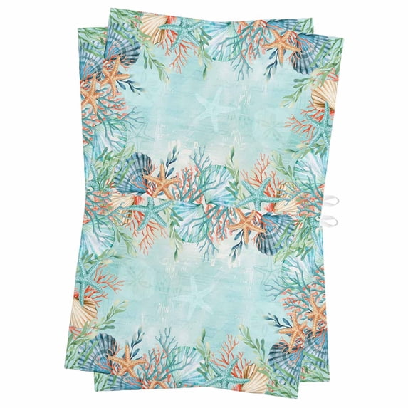 Blue Coastal Kitchen Towels Set of 2, Water Absorbent Dish Towel, Summer Nautical Beach Coral Starfish Decorative Hand Towels - Quick Drying Cloth for Cooking Baking, 18x28 Inch