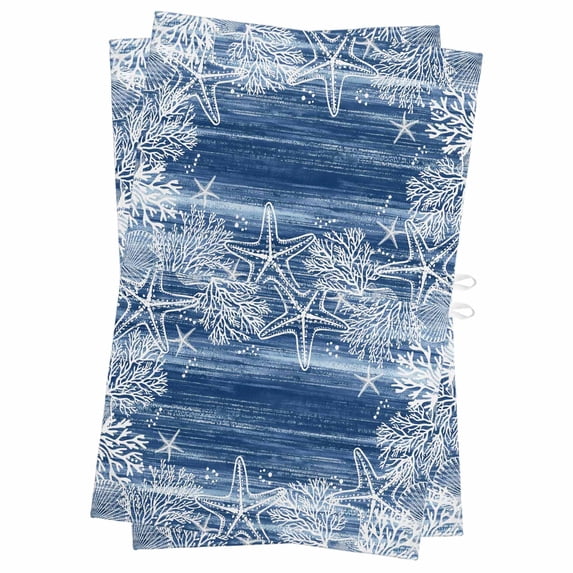 Blue Coastal Kitchen Towels Set of 2, Water Absorbent Dish Towel, Summer Ocean Sea Waves Starfish Corals Decorative Hand Towels - Quick Drying Cloth for Cooking Baking, 18x28 Inch
