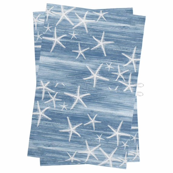 Blue Coastal Kitchen Towels Set of 2, Water Absorbent Dish Towel, Summer Ocean Waves Ombre Sea Starfish Decorative Hand Towels - Quick Drying Cloth for Cooking Baking, 18x28 Inch