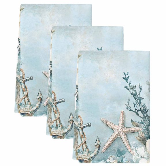 Blue Coastal Kitchen Towels Set of 3, Absorbent Microfiber Dish Tea Towels with Hanging Loop, Beach Nautical Anchor Starfish Botanical Resuable Hand Towel for Home Kitchen Cooking Cleaning 18"x28"