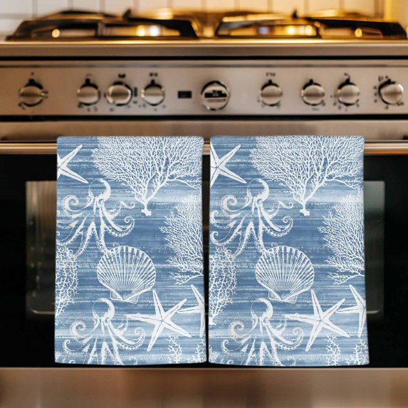 Blue Coastal Kitchen Towels Set of 3, Nautical Coral Starfish Shell Octopus Sea Absorbent Dish Towels for Kitchen, Microfiber Hand Towel, Quick Drying Tea Towel for Cleaning Decorative Dishcloths