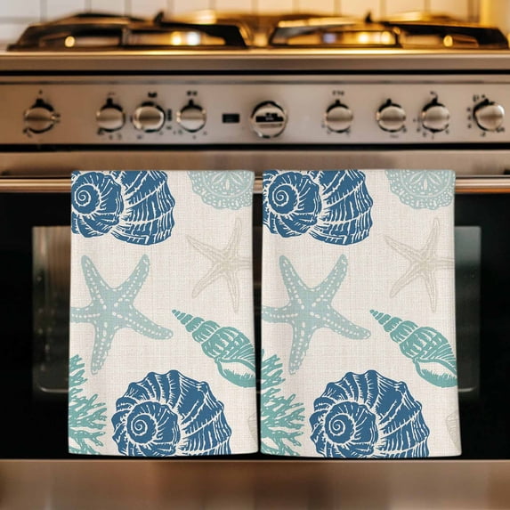 Blue Coastal Kitchen Towels Set of 3, Starfish Shell Coral Summer Beach Rustic Absorbent Dish Towels for Kitchen, Microfiber Hand Towel, Quick Drying Tea Towel for Cleaning Decorative Dishcloths