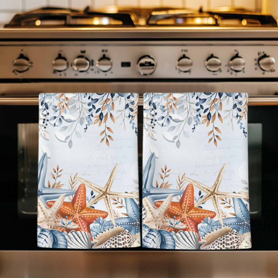 Blue Coastal Kitchen Towels Set of 3, Summer Beach Starfish Weeping Eucalyptus Ombre Absorbent Dish Towels for Kitchen, Microfiber Hand Towel, Quick Drying Tea Towel for Cleaning Dishcloths