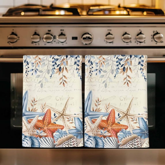 Blue Coastal Kitchen Towels Set of 3, Summer Beach Starfish Weeping Eucalyptus Retro Absorbent Dish Towels for Kitchen, Microfiber Hand Towel, Quick Drying Tea Towel for Cleaning Dishcloths
