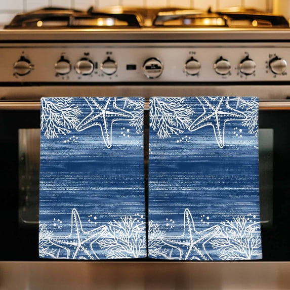 Blue Coastal Kitchen Towels Set of 3, Summer Ocean Sea Waves Starfish Corals Absorbent Dish Towels for Kitchen, Microfiber Hand Towel, Quick Drying Tea Towel for Cleaning Decorative Dishcloths