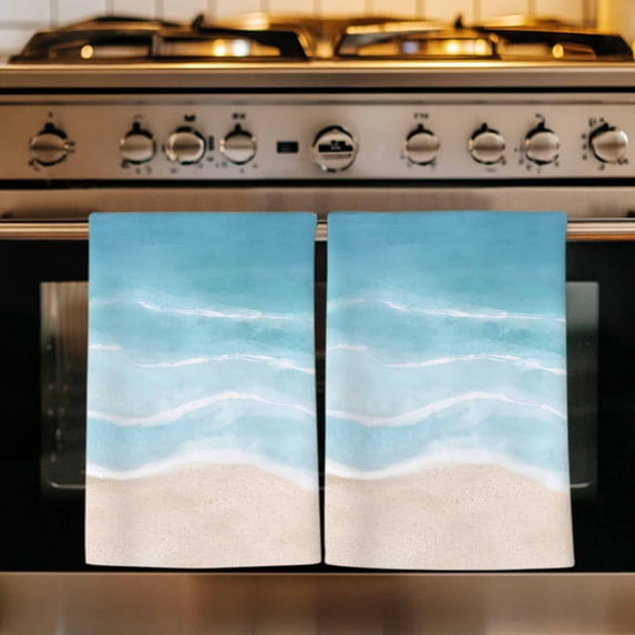 Blue Coastal Kitchen Towels Set of 3, Waves Summer Beach Ocean Sea Absorbent Dish Towels for Kitchen, Microfiber Hand Towel, Quick Drying Tea Towel for Cleaning Decorative Dishcloths