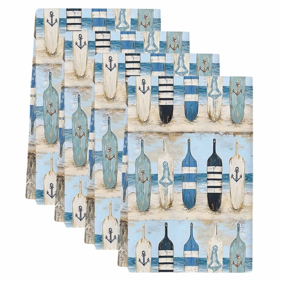 Blue Coastal Kitchen Towels Set of 4, Absorbent Microfiber Dish Tea Towels with Hanging Loop, Ocean Nautical Anchor Wood Barn Beach Resuable Hand Towel for Home Kitchen Cooking Cleaning 18"x28"
