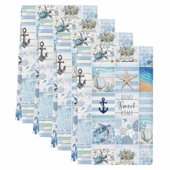 Blue Coastal Kitchen Towels Set of 4,Absorbent Microfiber Dish Tea Towels with Hanging Loop,Turtle Nautical Anchor Octopus Starfish Coral Resuable Hand Towel for Home Kitchen Cooking Cleaning 18"x28"