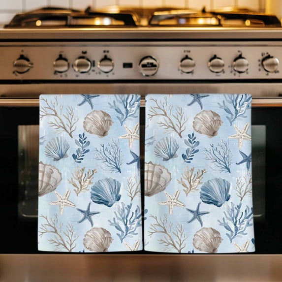 Blue Coastal Kitchen Towels Set of 4, Country Nautical Starfish Coral Seashells Absorbent Dish Towels for Kitchen, Microfiber Hand Towel, Quick Drying Tea Towel for Cleaning Decorative Dishcloths