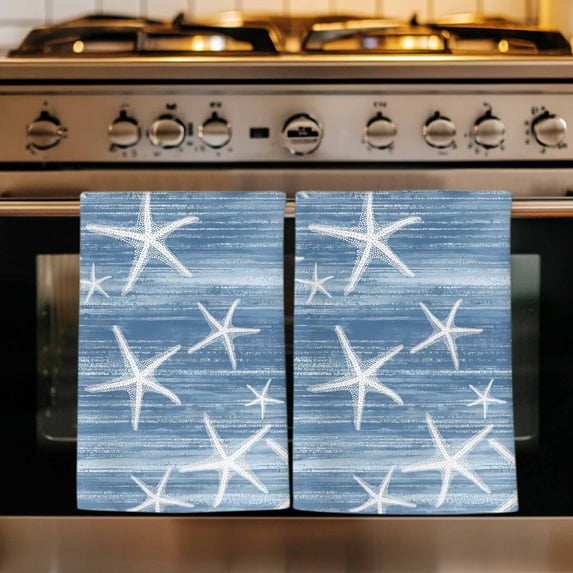 Blue Coastal Kitchen Towels Set of 4, Summer Ocean Waves Ombre Sea Starfish Absorbent Dish Towels for Kitchen, Microfiber Hand Towel, Quick Drying Tea Towel for Cleaning Decorative Dishcloths