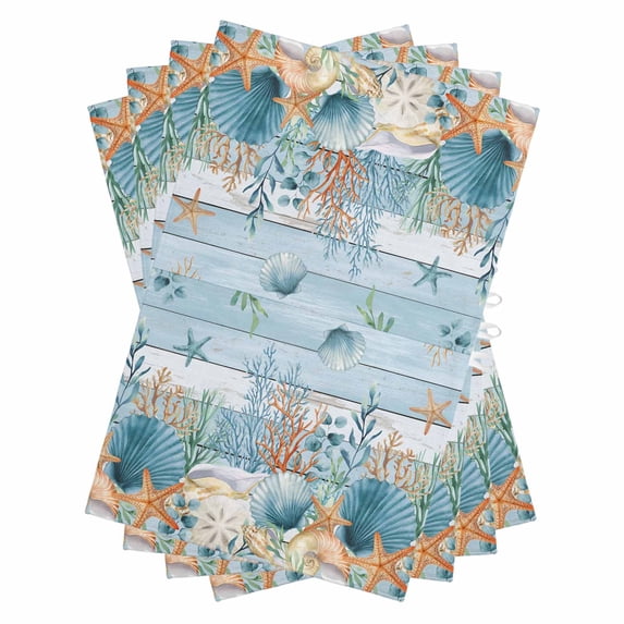 Blue Coastal Kitchen Towels Set of 4, Water Absorbent Dish Towel, Summer Beach Starfish Shell Coral Nautical Decorative Hand Towels - Quick Drying Cloth for Cooking Baking, 18x28 Inch
