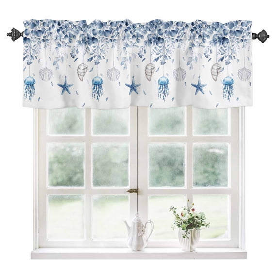 Blue Coastal Kitchen Valances for Windows 42x12 Inch Kitchen Curtains Valances Rod Pocket Summer Eucalyptus Leaves Beach Ocean Starfish Nautical Bathroom Window Valances for Window Treatment Decor