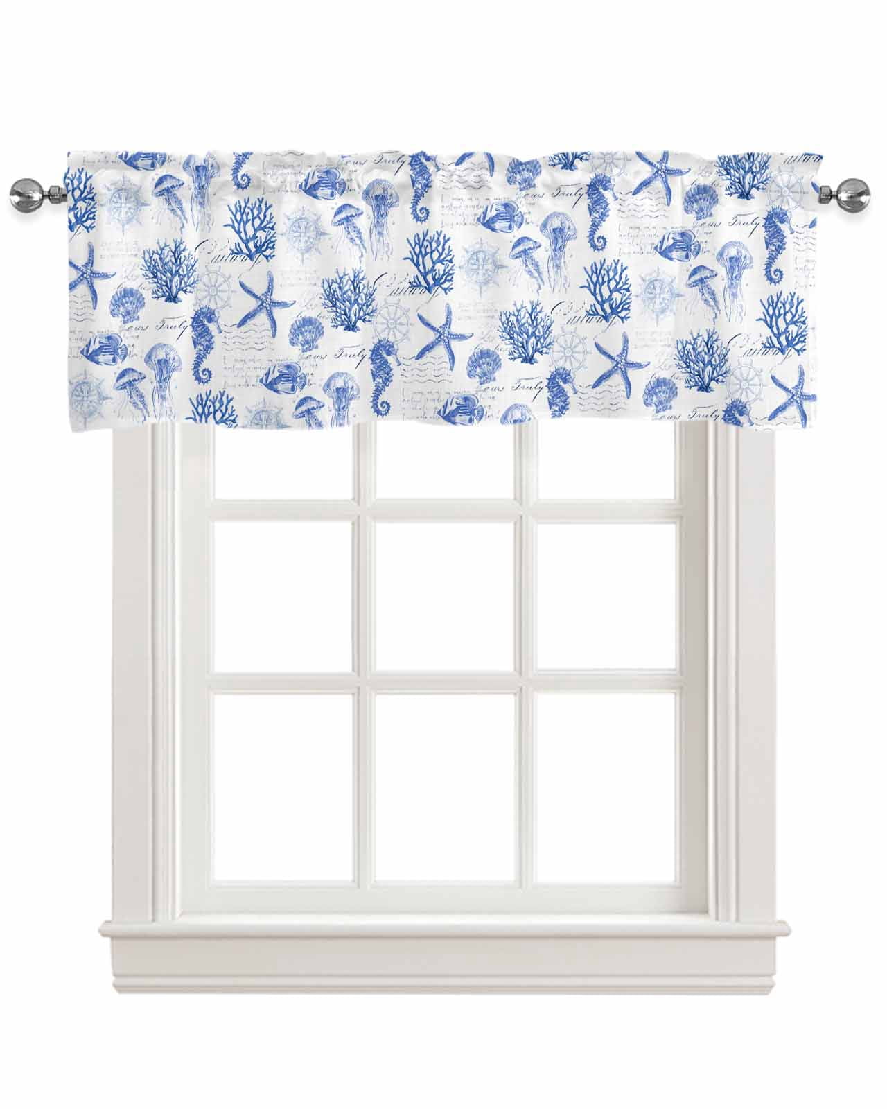Blue Coastal Kitchen Valances for Windows Farmhouse Linen Window Valance Curtain for Living Room Window Treatment Ocean Nautical Coral Seahorse Starfish Valance Rod Pocket Topper Drape, 54 x 18 Inch