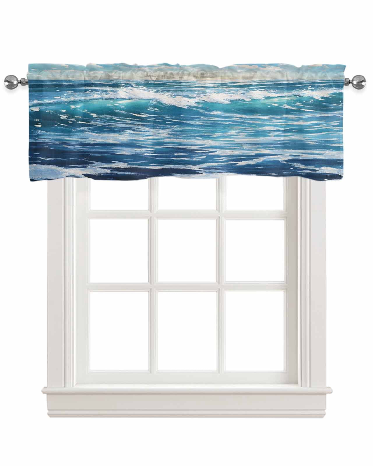 Blue Coastal Kitchen Valances for Windows Farmhouse Linen Window Valance Curtain for Living Room Window Treatment Ocean Sea Nautical Summer Beach Valance Rod Pocket Topper Drape, 54 x 18 Inch
