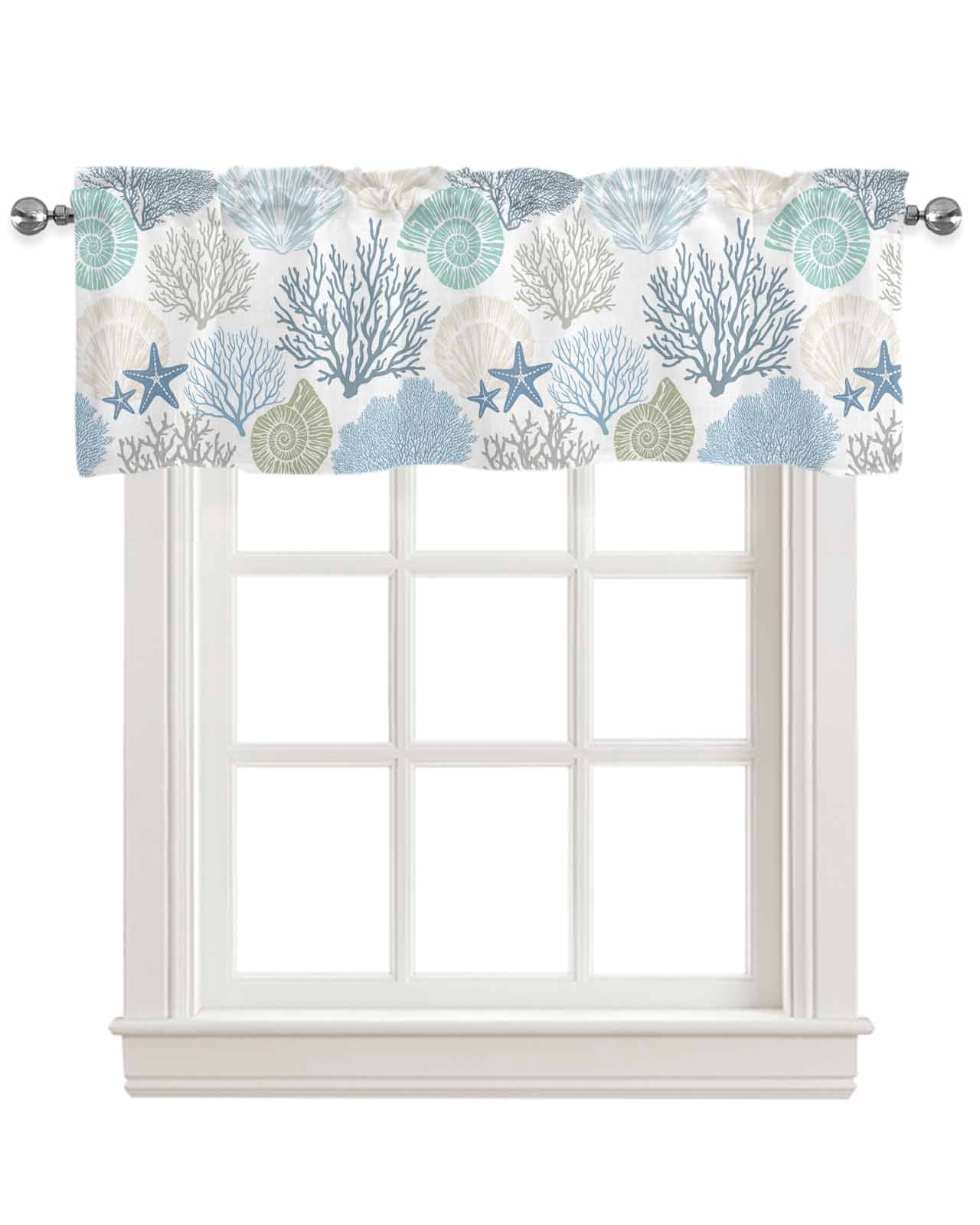 Blue Coastal Kitchen Valances for Windows Farmhouse Linen Window Valance Curtain for Living Room Window Treatment Summer Ocean Beach Starfish Shell Coral Valance Rod Pocket Topper Drape, 42 x 18 Inch