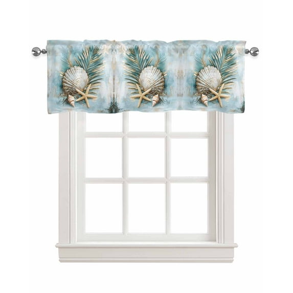 Blue Coastal Kitchen Valances for Windows Farmhouse Linen Window Valance Curtain for Living Room Window Treatment Vintage Beach Nautical Starfish Botanical Valance Rod Pocket Topper, 60 x 18 Inch