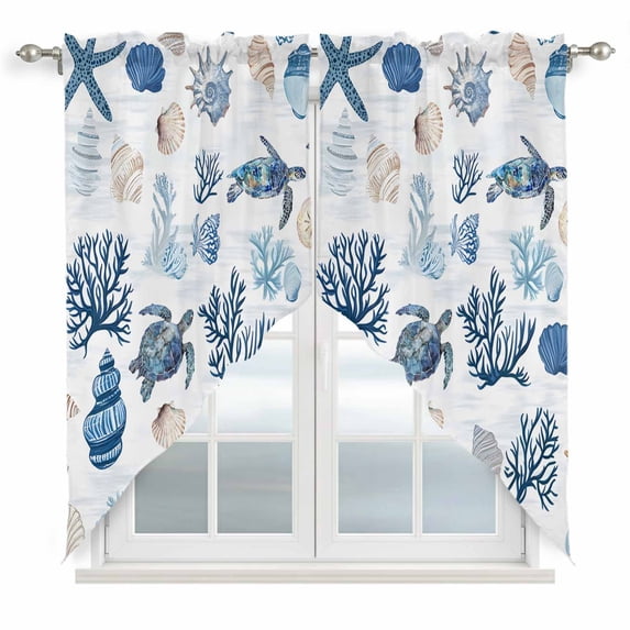 Blue Coastal Kitchen Window Curtains, Swag Curtains Valance for Bedroom Living Room Bathroom, Starfish Sea Turtle Coral Nautical Beach Rod Pocket Window Curtain Block Drapes 2 Panels 36"x45"