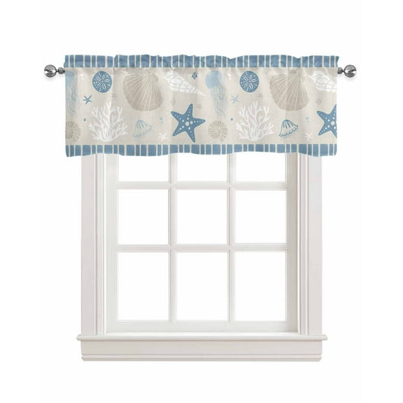 Blue Coastal Linen Curtain Valance for Bedroom/Bathroom/Kitchen/Living/Dining Room Window,Nautical Starfish Coral Shells Conch Jellyfish Stripes Pocket Topper Drapes Decorative Cafe Drapery 42"x12"