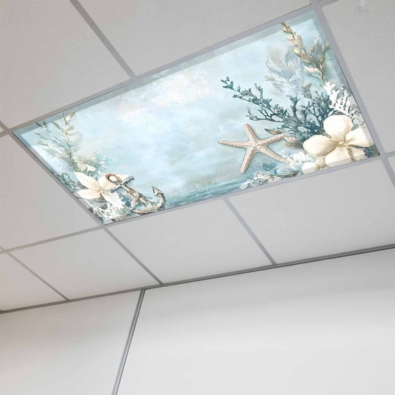 Blue Coastal Magnetic Fluorescent Light Covers for Ceiling Lights 2x4Ft, Beach Nautical Anchor Starfish Botanical Office Classroom Kitchen Drop Ceiling Light Covers Filters Shade Panel 1 Pack