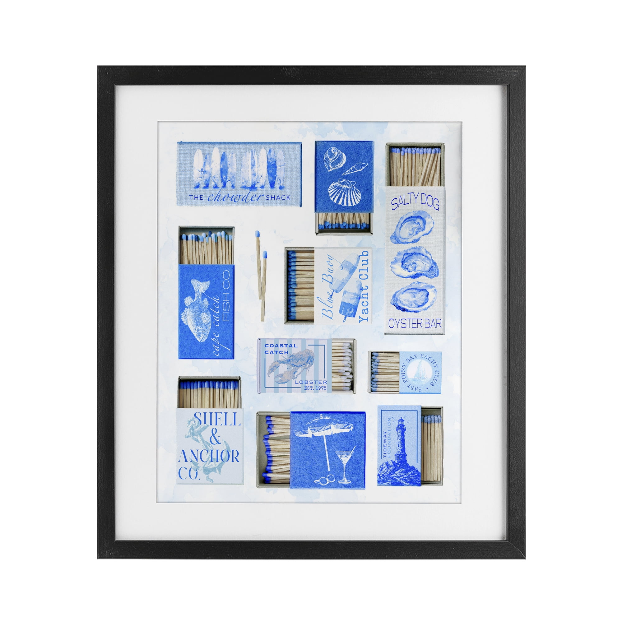 Blue Coastal Matchboxes Black Framed Print Under Glass, design by Ziwei Li