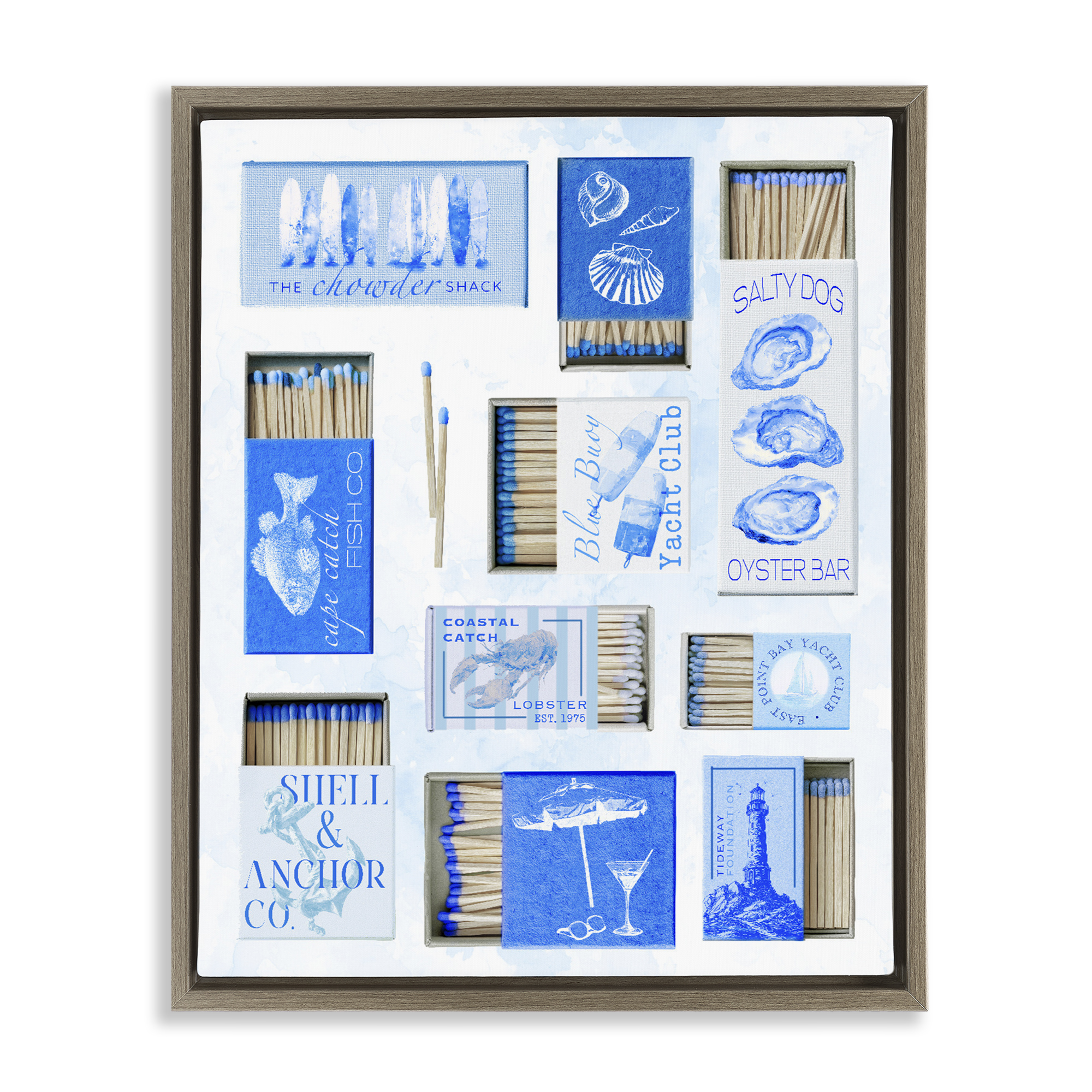 Blue Coastal Matchboxes Brown Framed Floater Canvas Wall Art, design by Ziwei Li