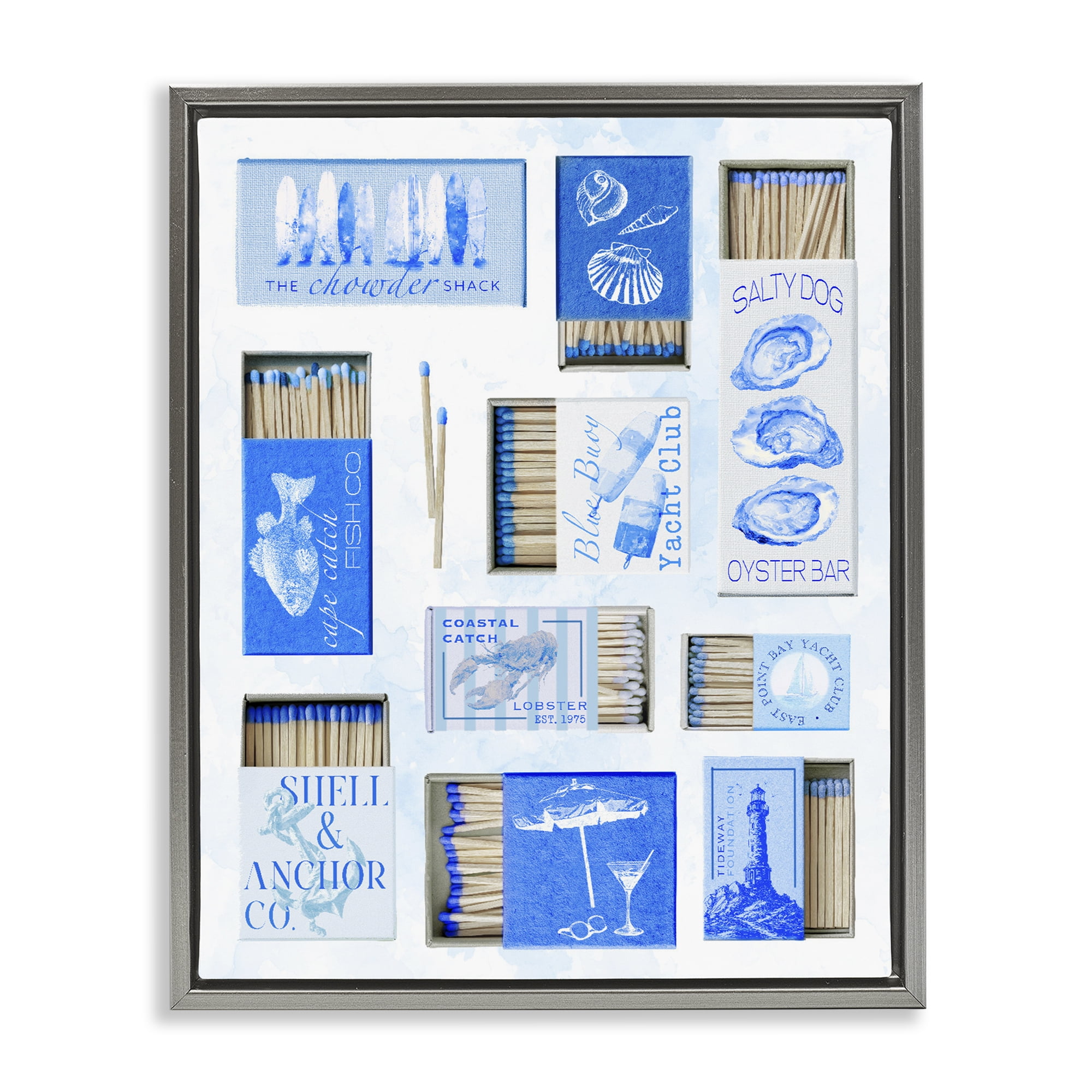 Blue Coastal Matchboxes Gray Framed Floater Canvas Wall Art, design by Ziwei Li