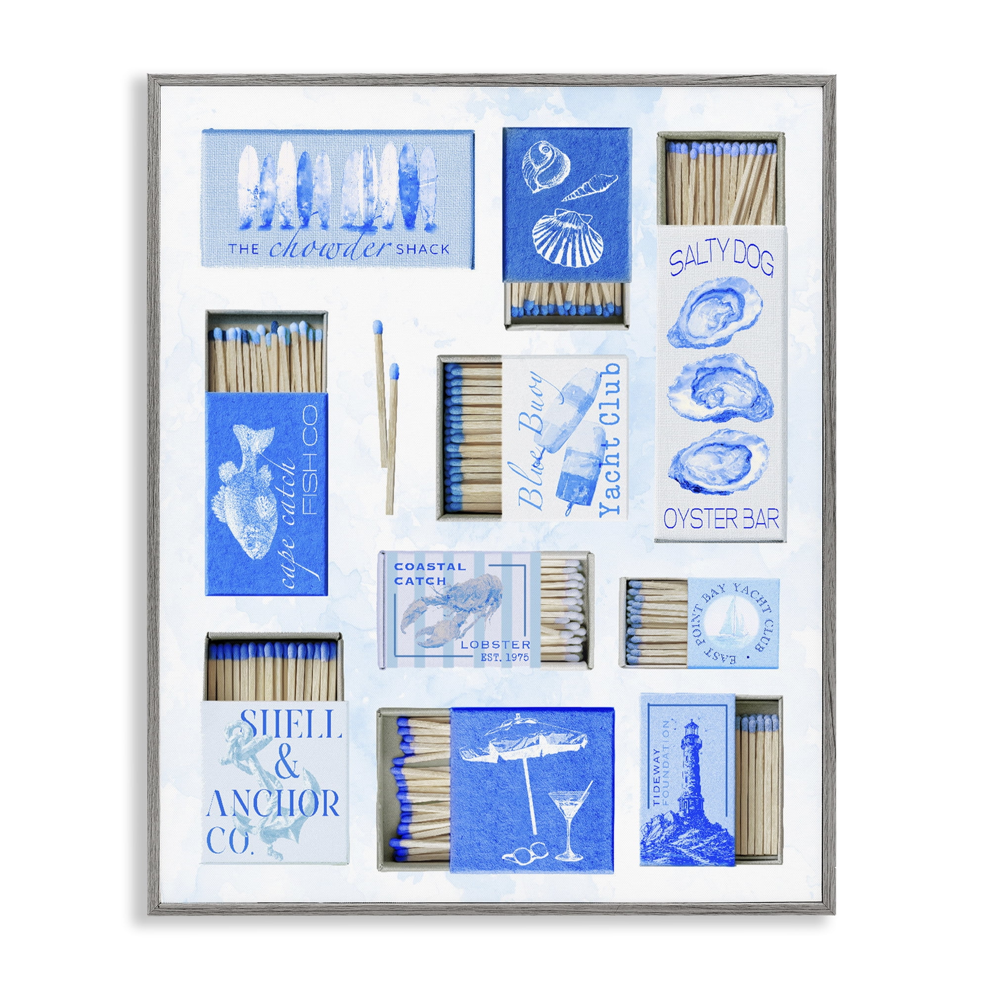 Blue Coastal Matchboxes Gray Framed Giclee Art, design by Ziwei Li