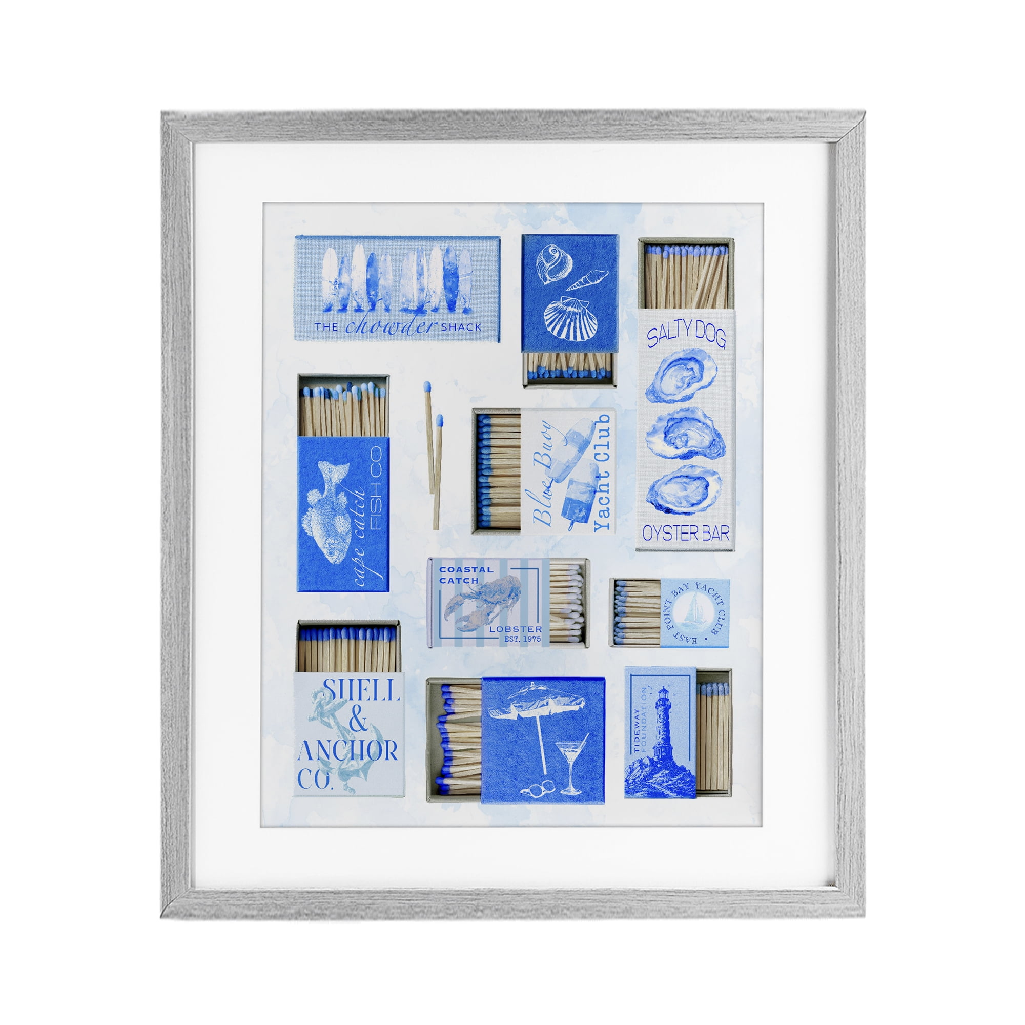 Blue Coastal Matchboxes Gray Framed Print Under Glass, design by Ziwei Li
