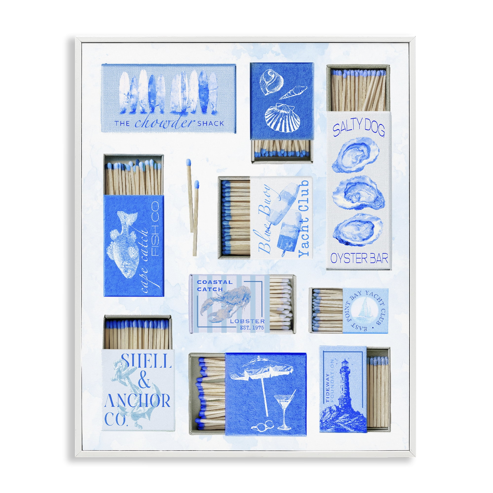 Blue Coastal Matchboxes White Framed Giclee Art, design by Ziwei Li