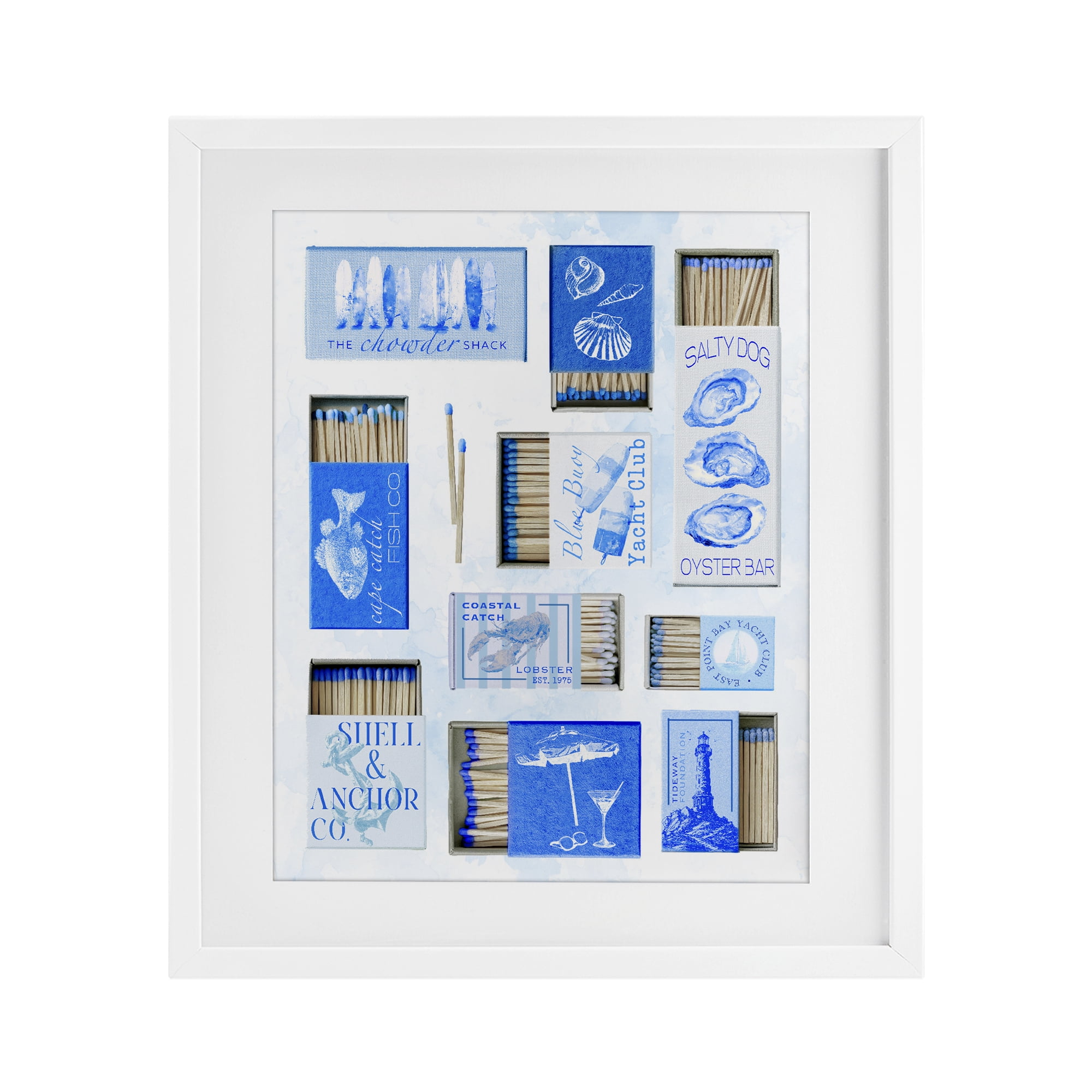 Blue Coastal Matchboxes White Framed Print Under Glass, design by Ziwei Li