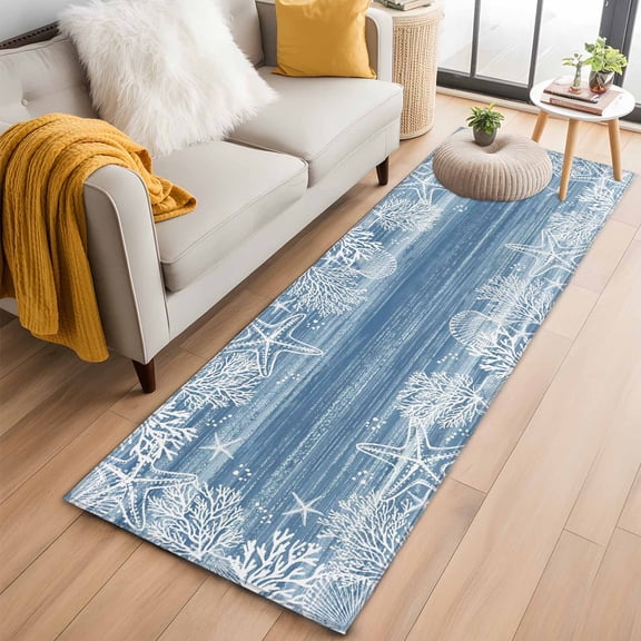 Blue Coastal Nautical 2'x6' Runner Rugs for Hallway Kitchen Bedside Non Slip, Summer Ocean Sea Waves Starfish Coral Entryway Rug Runners with Rubber Backing, Long Carpet Runner for Laundry Room