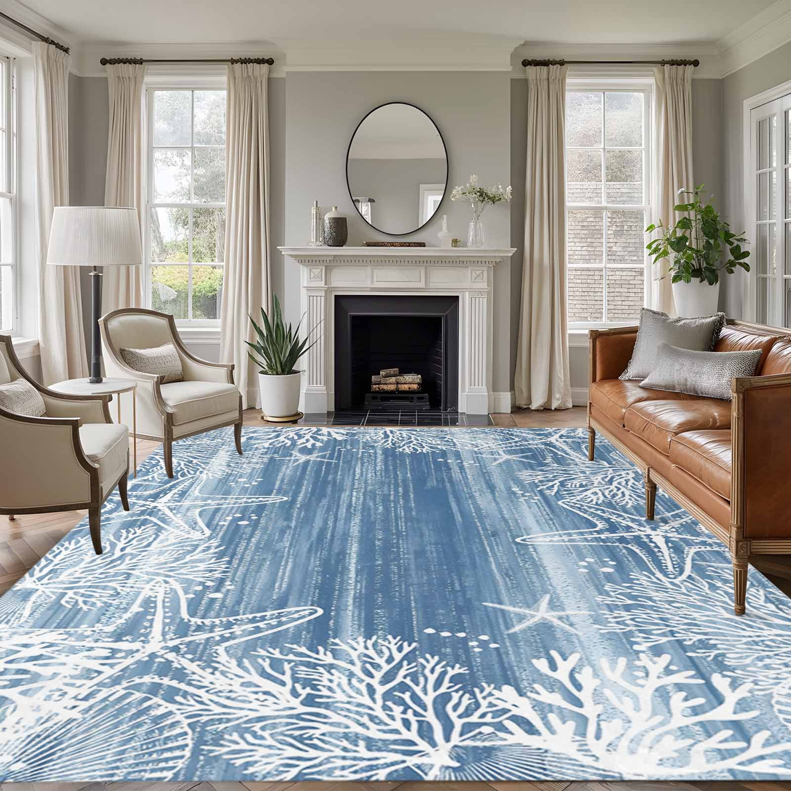 Blue Coastal Nautical Area Rugs 8'x10', Washable Small Throw Rugs for Living Room Patio, Summer Ocean Sea Waves Starfish Coral Indoor Outdoor Rug Non-Slip Low Pile Carpet Runner Reversible Floor Mats