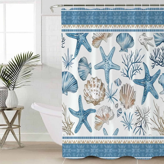 Blue Coastal Nautical Bathroom Curtain 72 Inch Shower Curtain with Hooks, Summer Beach Starfish Shell Coral Waterproof Polyester Bath Curtain Washable Bathtub Curtain 72''x 72''