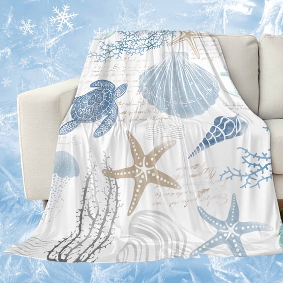 Blue Coastal Nautical Cooling Blanket,Lightweight Summer Throw Blanket with Double Sided Cold Effect,Beach Sea Turtle Ocean Coral Starfish Picnic Blankets Bed Sheet for Hot Sleepers 30"x40"