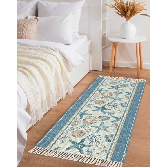 Blue Coastal Nautical Hallway Runner Rug 2x6ft,Summer Beach Starfish Shell Coral Washable Woven Living Room Bedroom Kitchen Bathrom Carpet with Tassels,Indoor Outdoor Throw Door Mat for Entryway