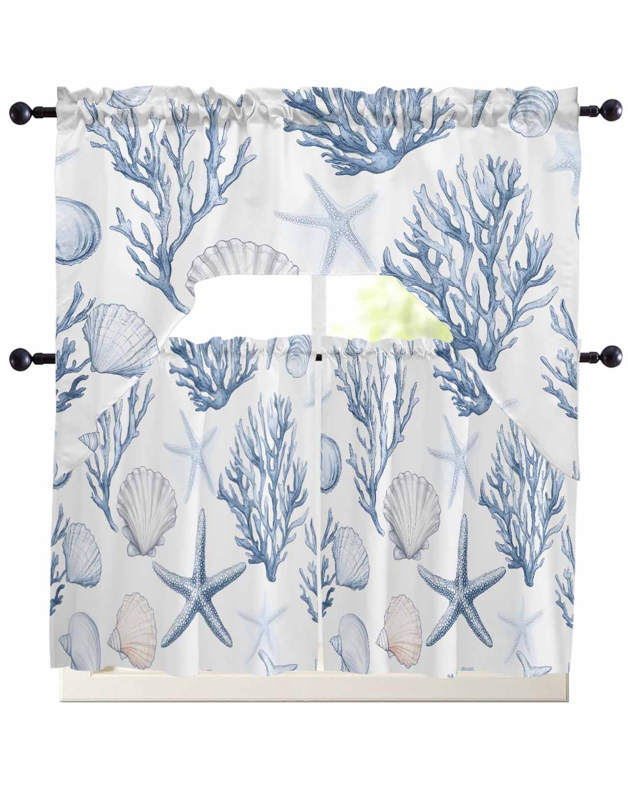 Blue Coastal Nautical Kitchen Curtains Sets 24 Inch Length with Valance ...