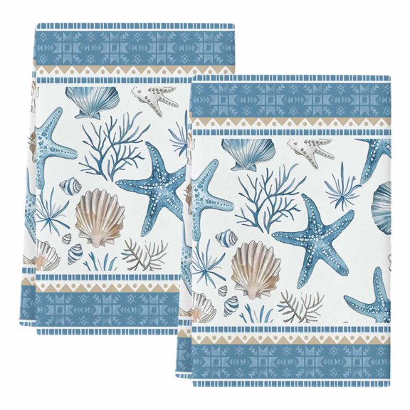 Blue Coastal Nautical Kitchen Towels Set of 2, Absorbent Microfiber Dish Tea Towels with Hanging Loop, Summer Beach Starfish Shell Coral Resuable Hand Towel for Home Kitchen Cooking Cleaning 18"x28"